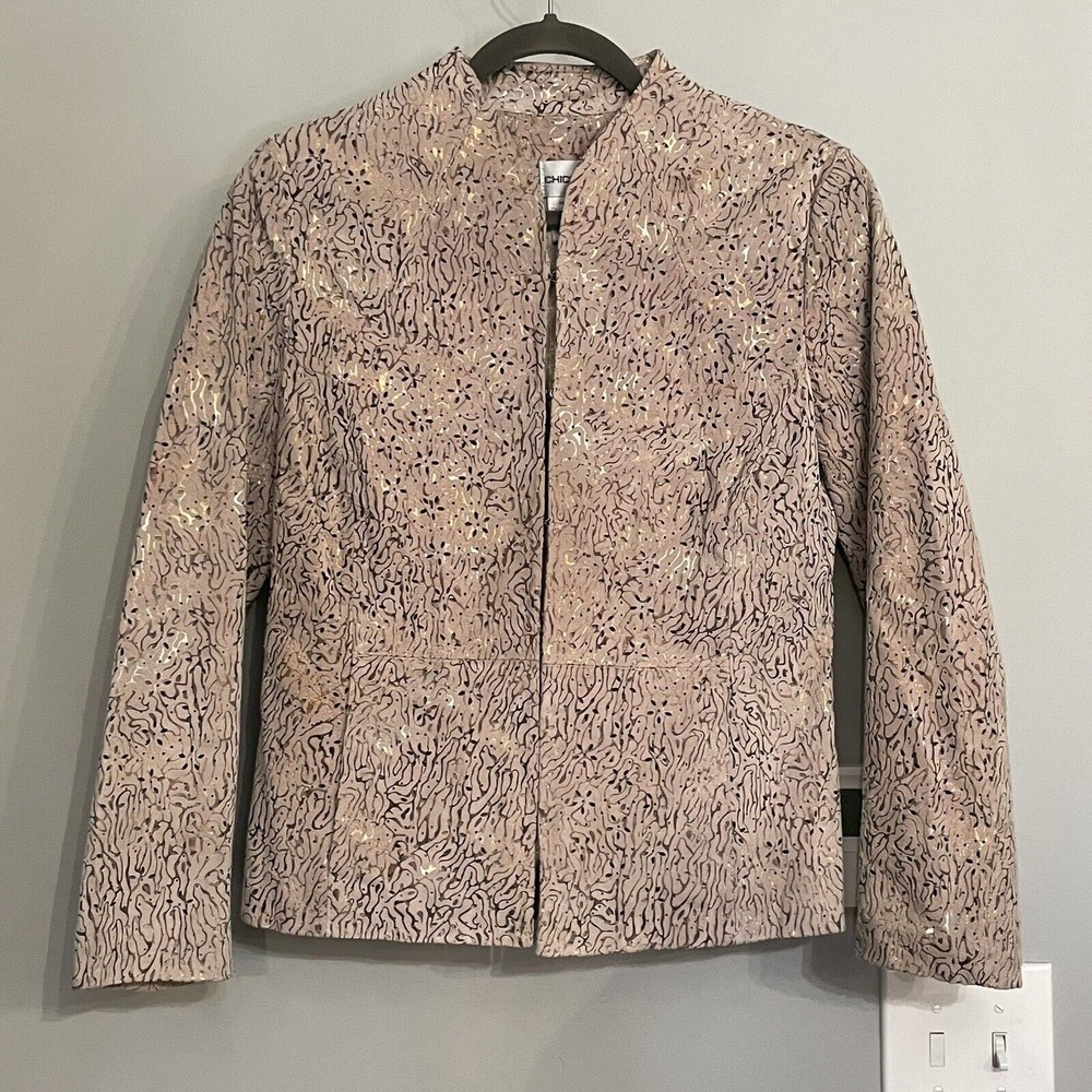 Chico's Genuine Leather Blazer Jacket Size‎ 0 Neutral Gold Accent